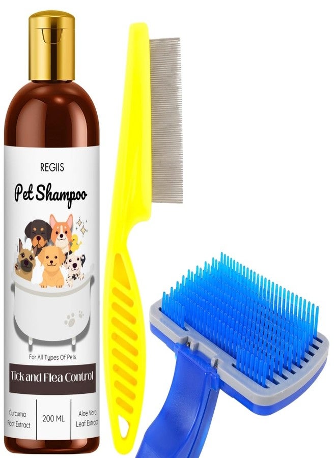 شامبو ريجيس للحيوانات الأليفة مع مكافحة القراد والبراغيث، مستخلص جذور الكركم الطبيعية والصبار، 200 مل، يتضمن فرش تنظيف الحيوانات الأليفة (عبوة من 3 قطع) - Image 1